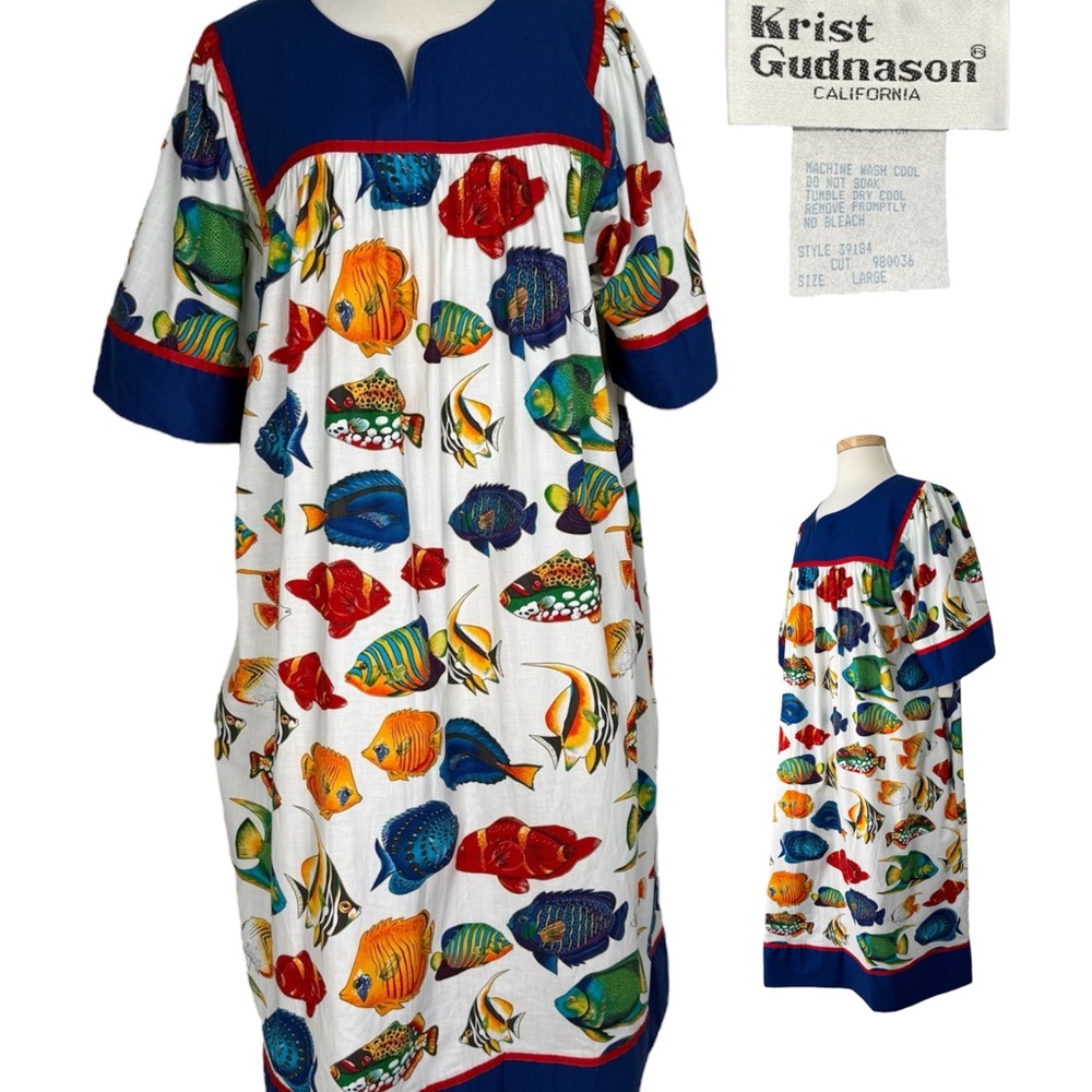 VTG 1970’s Krist Gudnason Tropical Fish Print Caftan Dress w/ Original Tags Rare